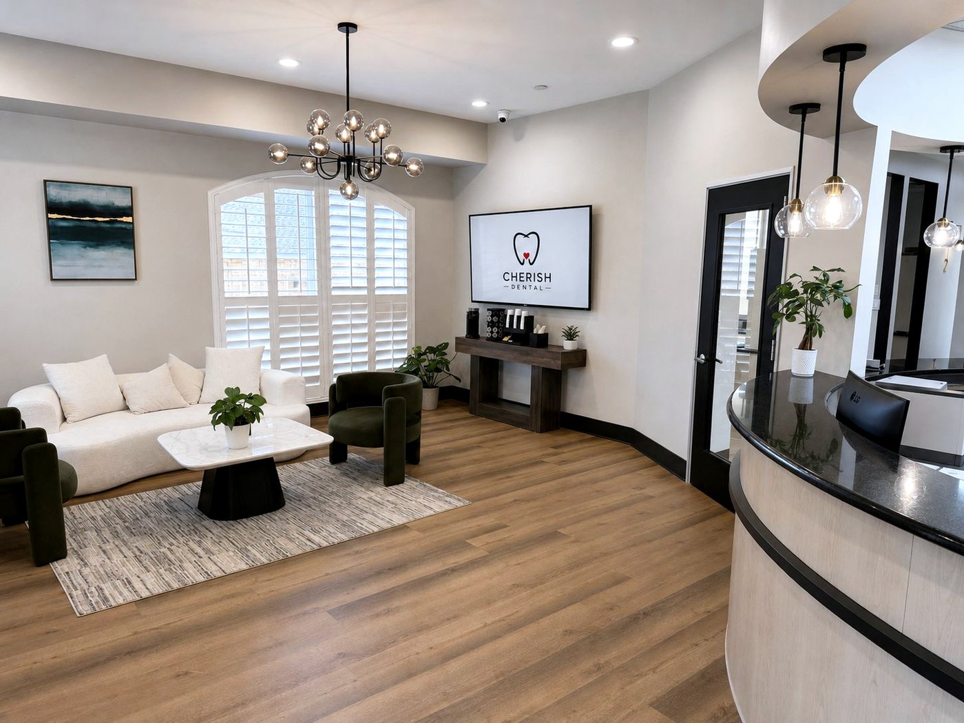 Área de espera y recepción de Cherish Dental en McKinney, Texas