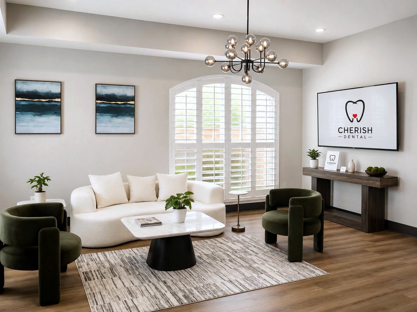 Modern waiting room at Cherish Dental in McKinney, Texas
